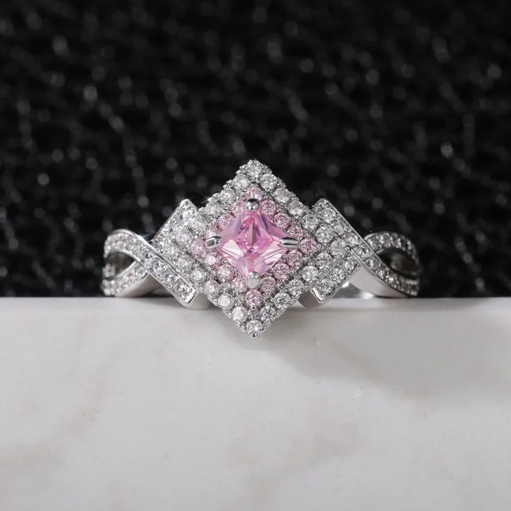 🌸Beautiful Silver Pure Pink Double Layer Weave Princess Cut CZ Ring, K832 - Picture 3 of 9